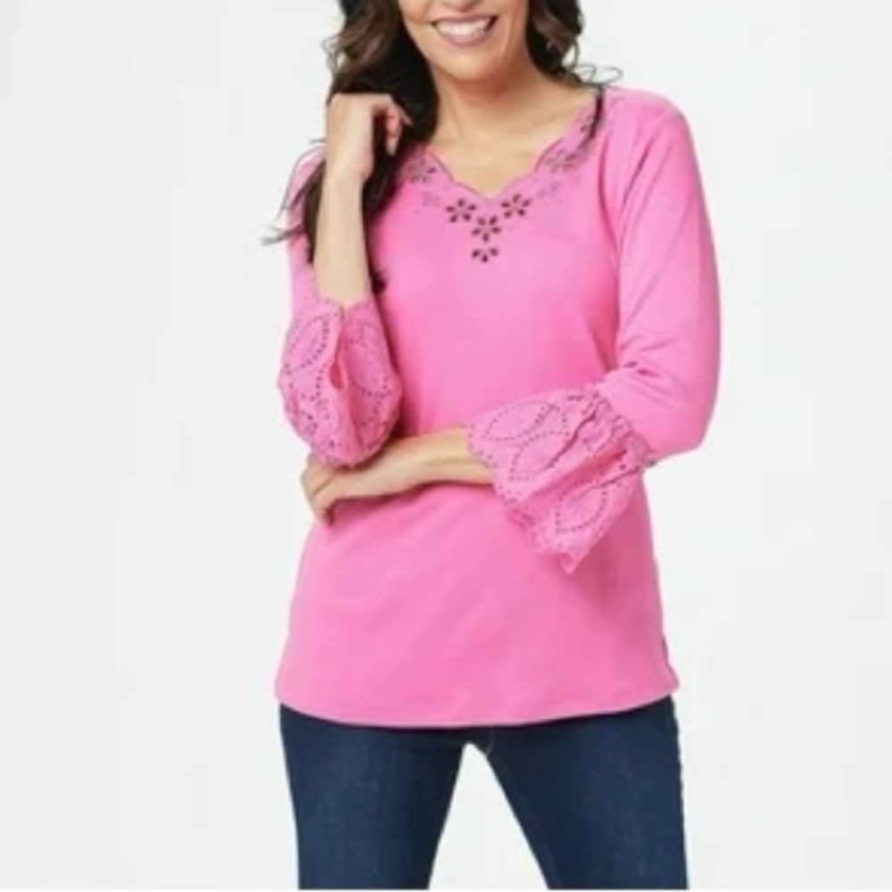 Quacker Factory Eyelet Cutout Bell-Sleeve Lace Knit Top with Scalloped , 1X,